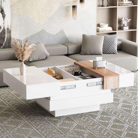 Tavolino da salotto quadrato fisso 70x70x39 cm con vani portaoggetti nascosti, finitura lucida, bianco e naturale (1/5)
