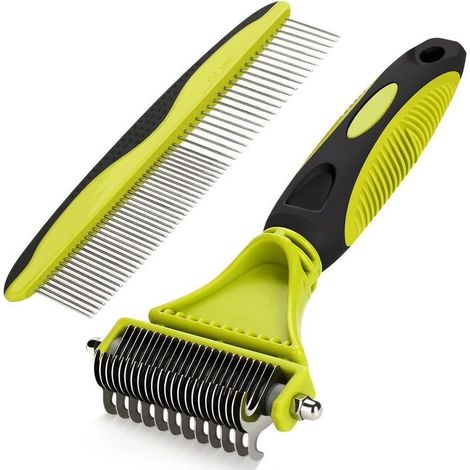 Lot de 2 outils de démêlage pour animaux de compagnie : râteau à sous-poil double face et peigne démêlant pour démêler les poils emmêlés ou noués. (1/4)
