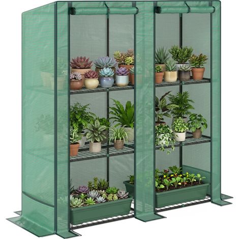 Gartengewächshaus mit 3-stufigem Metallregal, Balkongewächshaus, PE-Abdeckung, Schrägdach, 144 x 48 x 152 cm, grün