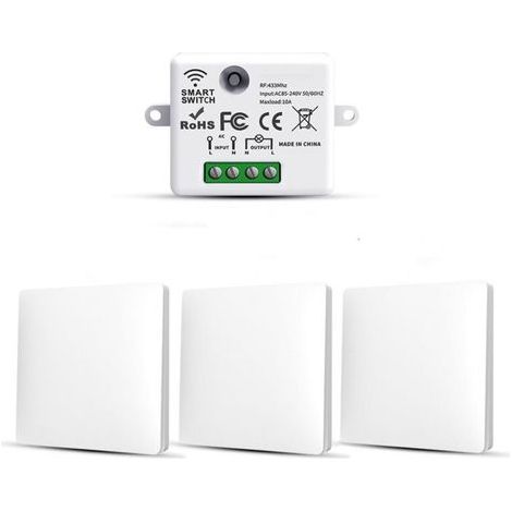 Set of 3 RF433 Wireless Light Switches – 10A 240V Transmitter and Receiver – Easy Installation Without Wiring – Long Range (1/5)