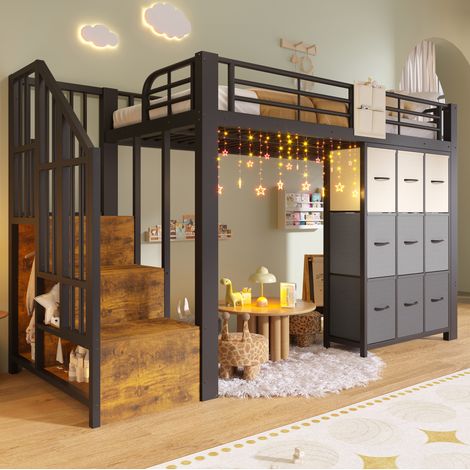 Hochbett Metall/MDF Schwarz/Weiß 90x200 cm mit Treppe, Stauraum, Kleiderstange und Geländer (1/5)