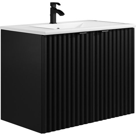Vente-Unique – Meuble sous vasque suspendu noir 80 cm – Vasque à encastrer céramique blanche – Soft close – Éco-responsable fabriqué en Europe