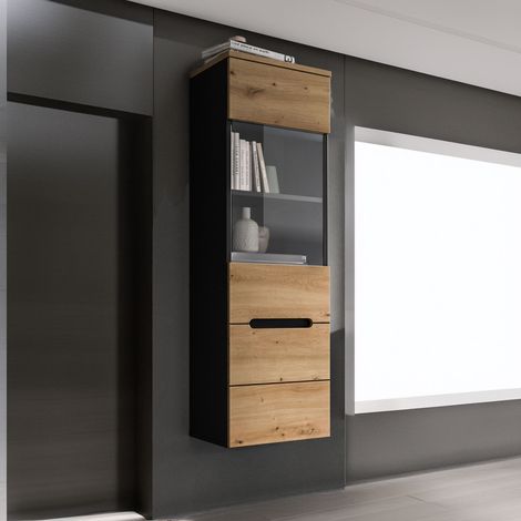 Vitrine suspendu 36x33x125cm décor naturel et anthracite - KANUT