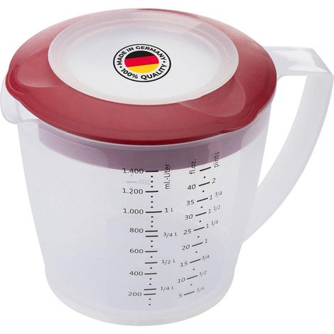 Westmark Caraffa graduata con paraschizzi, coperchio e beccuccio, Plastica, Capacità: 1,4 litri, Helena, Trasparente/Rosso, 3105227R (1/5)