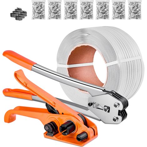 Mophorn Umreifungsset mit robustem Umreifungsgerät, 975 m PP-Band, 1000 Metallplomben und 50 Kantenschützern, Kunststoff-Verpackungsset für Lager, Versand und Umzug (1/5)