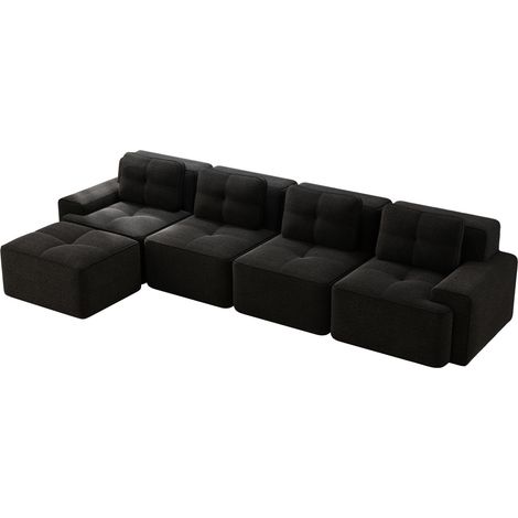 Canapé modulaire 4 places en velours côtelé noir avec méridienne en L, assise profonde 74 cm, canapé sans montage pour salon familial CHICFURN (1/5)
