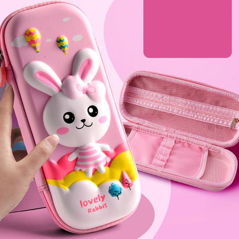 Trousse à crayons dessin animé EVA 2 couches boîte de rangement scolaire pour enfants, lapin rose mignon 3D PU cuir grande capacité (1/5)