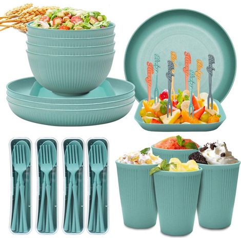 Service de table 48 pièces en paille de blé : tasses, assiettes, bols et couverts (cuillère, fourchette, baguettes). Compatible lave-vaisselle et micro-ondes. Idéal pour la maison et le camping. Vert. (1/5)