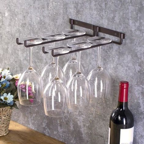 Lot de 4 porte-verres à pied suspendus, en fer bronze, rangement mural pour verres à vin, idéal bar ou cuisine (1/3)