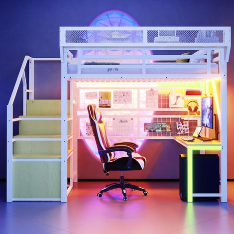 Lit mezzanine 140x200 en métal blanc avec bureau armoire étagères led et prises - Lit surélevé double moderne gain de place pour adulte et ado