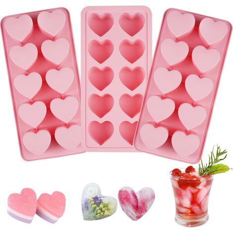Ensemble de trois moules à glaçons en silicone en forme de cœur, faciles à démouler