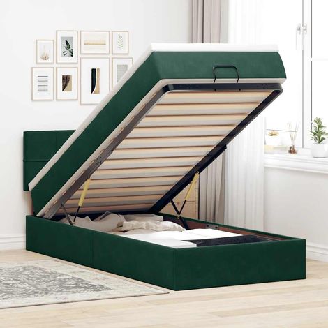 Cama otomana con colchón y LED terciopelo verde oscuro 90x200cm (1/5)