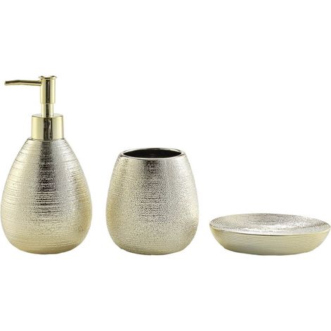 Set de Bain TRÉSOR – 3 Pièces – Grès Uni Métallisé - 30x20x17cm - Doré (1/3)