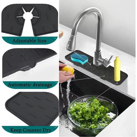 Tappetino in silicone per rubinetto con maniglia antigoccia per lavello da cucina, tappetino di scarico per lavello da cucina e da bagno (nero) (1/4)