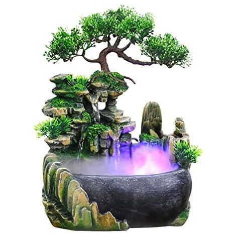 Fontaine d'intérieur avec Eclairage Plantes et Pierres Décoratives Fontaine Décorative d'intérieur Fontaine Zen de Table avec Lumière LED Fontaine Feng Shui pour Maison, Bureau (1/5)