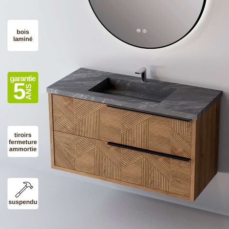 Meuble de salle de bain plan vasque Grès Cérame Noir Allure, 2 Tiroirs Chêne Moyen Poignée Noir, l60xh54xp45, Effet 3D, REEL