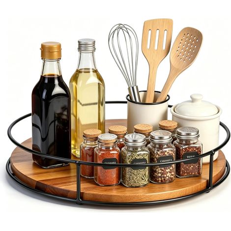 Lazy Susan Plateau tournant en bois rotatif à 360° 23 cm Plateau tournant rond pour réfrigérateur Pour armoire, cuisine, cosmétiques, décoration de la maison (1/5)