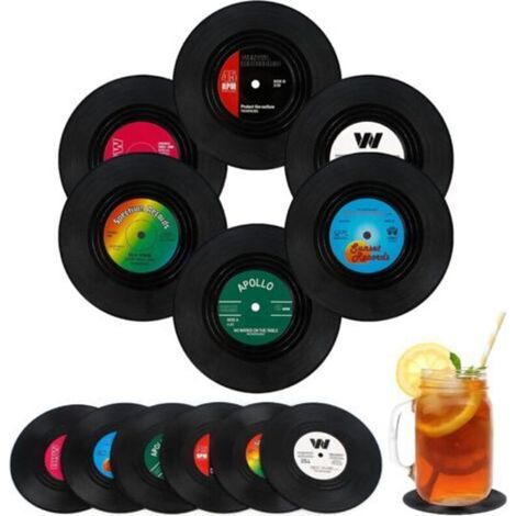 CSPARKV Dessous de Verre en Vinyle 12 Pcs sous-Verres Rétro CD Dessous de Verre Antidérapant Isolant Tapis de Table Vinyle pour la Protection de Boissons Froides Chaudes Café Thé Bière Verres à Vin