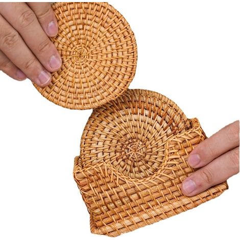 Lot de 6 dessous de verre rotin tressé, résistant à la chaleur, protège-table 8cm, accessoire thé et cuisine (1/5)