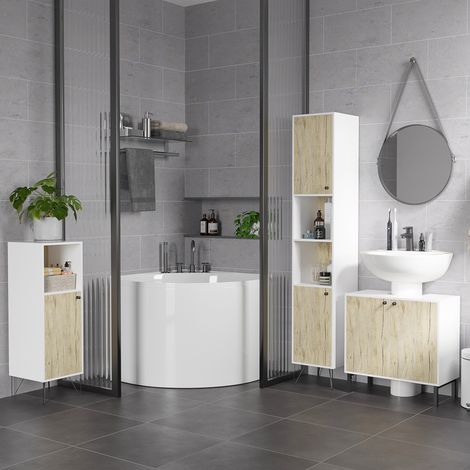 Meuble de salle de bain avec étagère ouverte et placard à porte. Meuble en bois multifonctionnel et peu encombrant. 31,5 x 30 x 91 cm. Chêne et blanc.