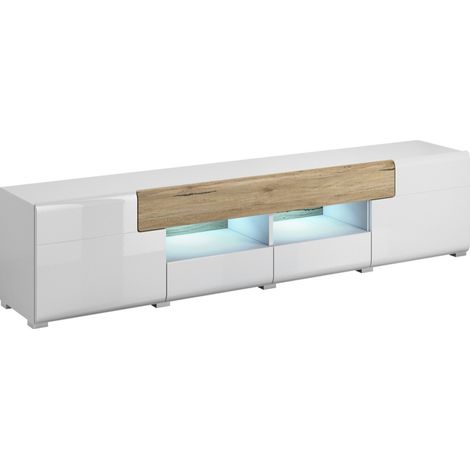 Mueble TV Torsone 113, Blanco + Blanco brillante + Roble sanremo, Número de puertas: 0, Número de cajones: 0, 208x47x40cm (1/3)