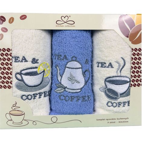 Juego de paños de cocina "Kuchcik" con estampado de café y té, 30x50 cm, azul y crudo.