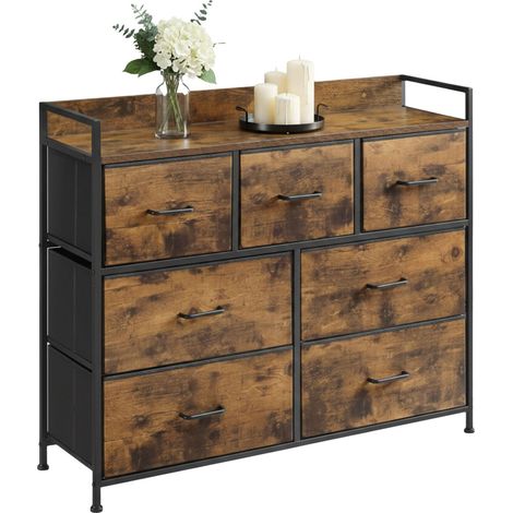 Comò Relaxdays, 7 cassetti in tessuto, stile industriale, HLP: 98x85x28,5 cm, soggiorno, corridoio, comò, nero/brown (1/5)