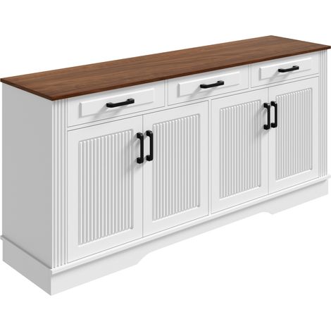 Buffet en MDF blanc avec 3 tiroirs et 4 portes à rainures verticales, 160x40x75 cm (1/5)
