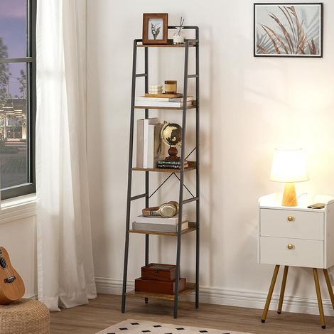 Ladder Shelf, Tall Narrow Bookcase, 5-Tier Book Shelf with Metal Frame, Tall Storage Shelf, Industrial Storage Unit for Home Office, Living Room, Bedroom, Rustic Brown and Black EBF35SJ01,HOOBRO