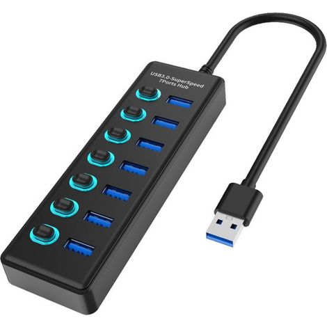 7-Port USB 3.0 Hub - USB-Daten-Hub-Splitter mit separatem Schalter und Kontrollleuchten - Kompatibel mit Laptops, Desktop-PCs usw.