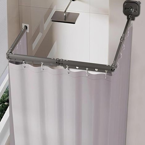 Barre de douche à ventouses avec rideau de douche inclus, installation sans perçage, réglable en 5 points, idéale pour les douches d'angle - 172 cm + 25 cm, rideau de douche 1,8 m x 2 m inclus (1/5)