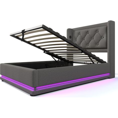Cama tapizada doble 90x200 cm gris de algodón con almacenaje, LED y USB Type-C (1/5)