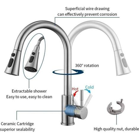 Robinet de cuisine extractible avec douchette, robinet de cuisine haute pression avec 2 vitesses d'eau, robinet d'évier rotatif à 360°, mitigeur de cuisine (argenté) (1/5)