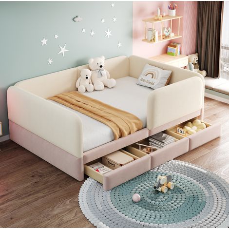 Letto imbottito per bambini 140x200 cm in velluto beige e rosa, 3 cassetti, senza materasso (1/5)
