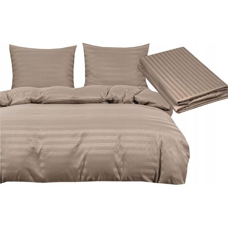 Parure de lit damassée 200x220 cm + 2 taies d'oreiller + drap-housse beige et latte (1/5)