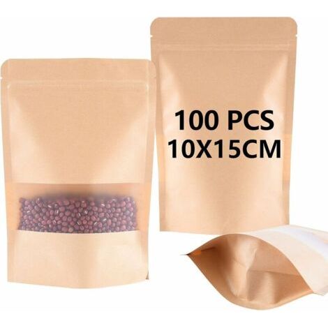 Lot de 100 sacs en papier kraft avec fenêtre (10 x 15 x 3,5 cm), pochette refermable, étanche et résistant à l'humidité, réutilisable, convient pour les graines de thé de café aux fruits secs. (1/4)