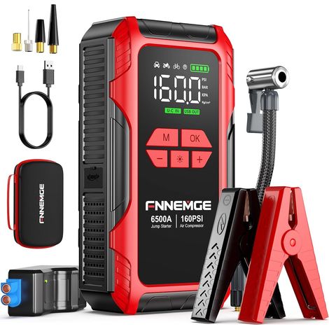 Booster Batterie Voiture 6500A 26800mAh avec 160PSI Compresseur D’Air, Jump Starter (jusqu'à Tout Le Essence, Moteur Gazole 10,0L), avec Port de Charge USB, Deux lumière LED,HD Écran Large. (1/5)
