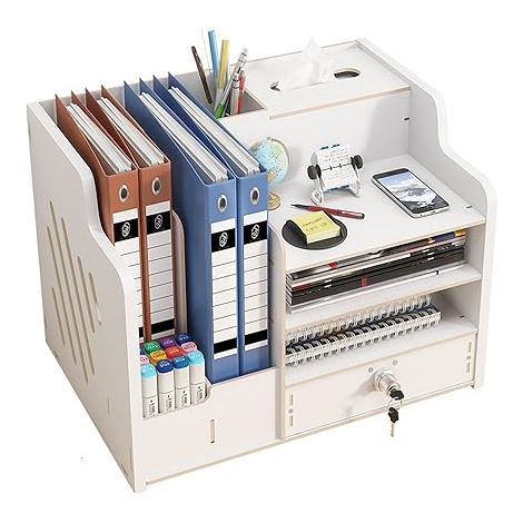 Organisateur de Bureau Bois, Grande Organiseur Bureau, Rangement Bureau Organisateur Pour Fournitures de Bureau Pour La Maison, Le Bureau et L'éCole(Blanc) (1/5)