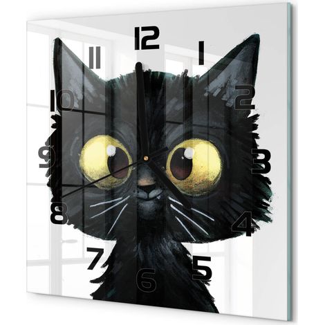Horloge Murale Carrée Décoration Salon Moderne Verre Trempé Artistique Illustration de chat 30x30 cm (1/5)