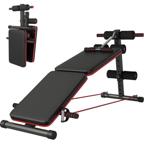 Panca per Addominali Pieghevole e Regolabile con Vogatore e 2 Corde, in Acciaio 51x137x50-66 cm, Nera e Rossa (1/5)