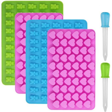 Moules à chocolat et à glaçons en silicone, 4 pièces avec cœurs et oursons, avec 2 pipettes, pour gelée, chocolat, oursons gélifiés, bonbons (1/5)
