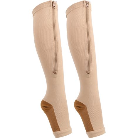 paire de chaussettes mi-mollet à fermeture éclair, bas de contention, leggings amincissants, chaussettes extensibles à orteils ouverts (chaussettes à fermeture éclair (fond bronze couleur chair) S/M)