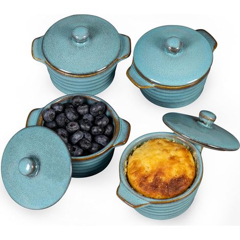 Mini Cocottes en Grès, 230ml Ramequins Soufflés avec Couvercle, Lot de 4 Petits Ramequins Crème Brûlée, Bleu réactif (1/5)