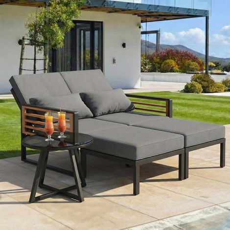 ELVMI Conjunto de Jardin con 2 Sillones, 2 Taburetes y 1 Mesa, Respaldo Ajustable, Metal y Tela Impermeable, Gris (1/5)