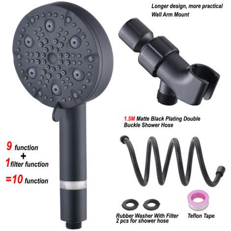 Pommeau de douche filtré avec main, haute pression, 9 modes de pulvérisation, pomme de douche noir mat avec filtres, pomme de douche amovible, adoucisseur d'eau