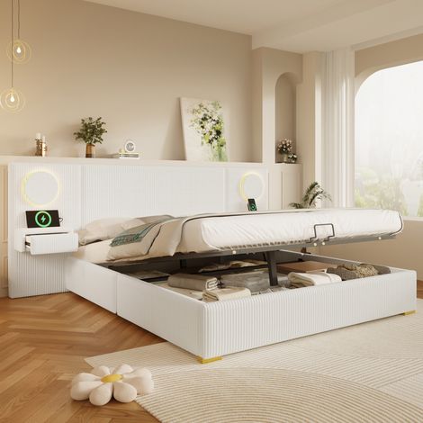 Polsterbett 180x200 cm aus Samt mit LED-Kopfteil, USB-Anschlüssen und Stauraum, Beige OKMYHOME (1/5)