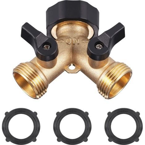 Robinet Double Machine a Laver, Répartiteur Raccord Robinet Tuyau d'Arrosage en Y 2 Voies pour Tuyaux d'Alimentation 3/4, Robinet Double Sortie pour Robinet Jardin,Adaptateur Robinet ,3 x anneaux d'ét (1/4)