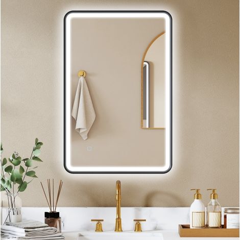 Specchio da bagno LED 90 x 60 cm, antinebbia, 3 colori, dimmerabile, nero DESVIAE (1/5)