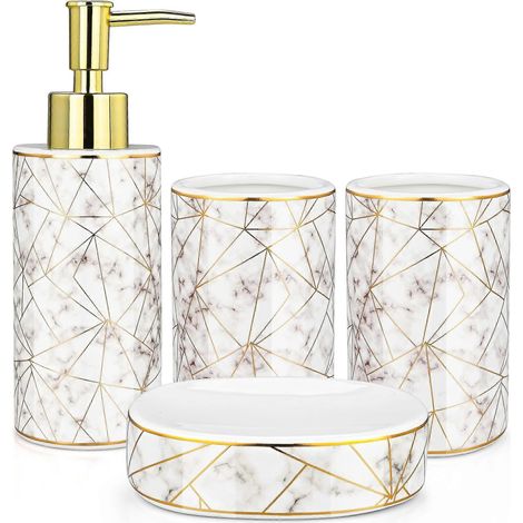 Ensemble d'accessoires de salle de bain en céramique, 4 pièces : 2 porte-brosses à dents/gobelets, 1 distributeur de savon liquide ou lotion de 300 ml et 1 porte-savon. (1/5)