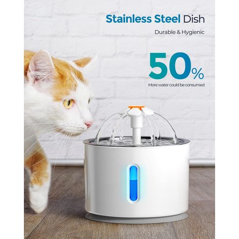 Distributeur d'eau pour chiens et chats, distributeur silencieux pour chats avec fenêtre LED de niveau d'eau et 2 filtres à charbon actif Version européenne standard en acier inoxydable Monobloc (1/4)